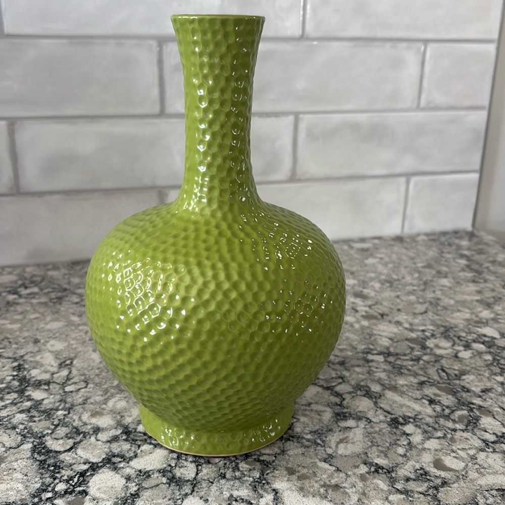 Ceramic Beautiful Green Vase  in golf ball pattern, modern look 11”